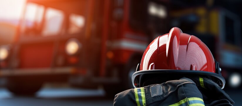 Fire engine with blue gloves and helmet copy space image