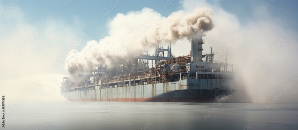 Poster large cargo ship s stern emits smoke from its diesel engine combustion while the forward mast of the