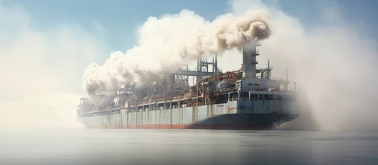 Foto op Canvas Large cargo ship s stern emits smoke from its diesel engine combustion while the forward mast of the ship stands tall copy space image © vxnaghiyev