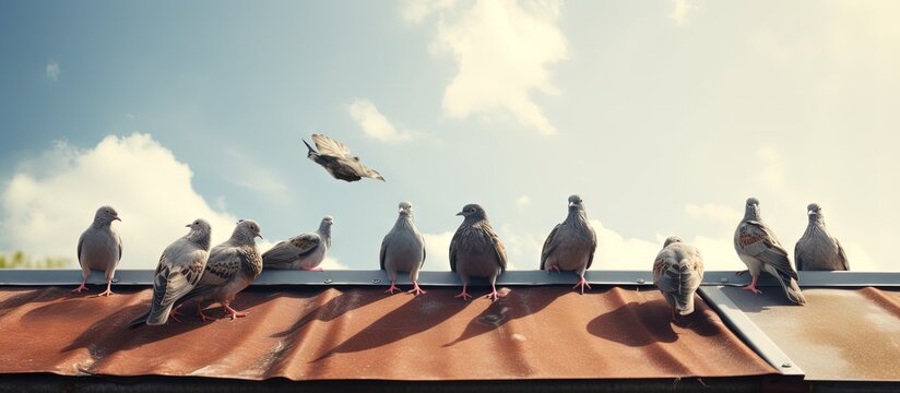 Dirty solar panels on roof of house with pigeon droppings copy space image