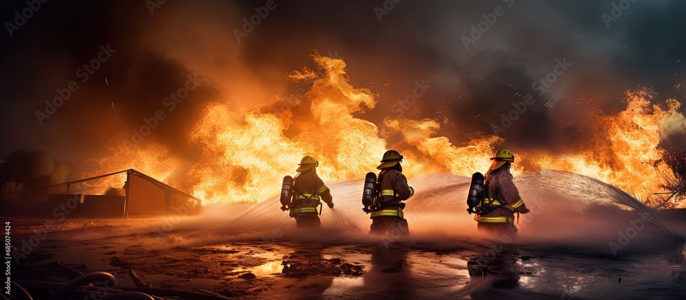 Poster firefighters using high pressure water to fight fires during training copy space image