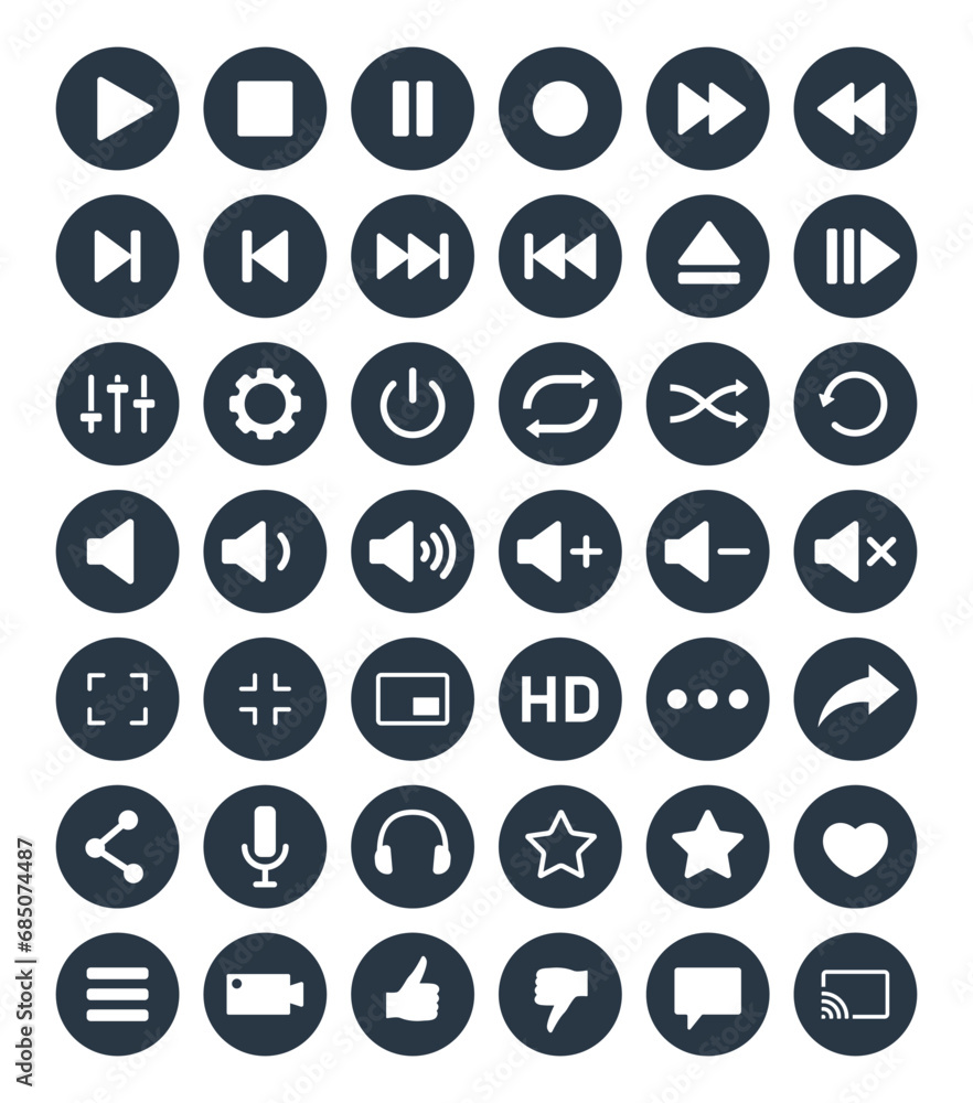 Poster media player buttons icon set, video and audio interface symbols