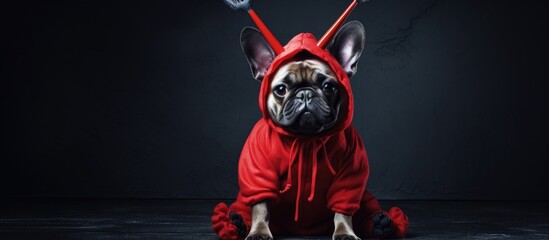 French Bulldog dog in red devil Halloween costume with fake arms and pitchfork posing against dark wall copy space image