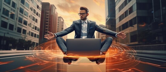 High speed internet Autonomous self driving vehicle technology Levitating businessman on road with laptop copy space image