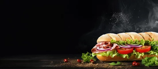 Fototapeten Lettuce tomato salami hummus and cheese on a sandwich copy space image © vxnaghiyev