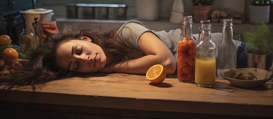Exhausted girl napping on kitchen table during breakfast copy space image - obrazy, fototapety, plakaty
