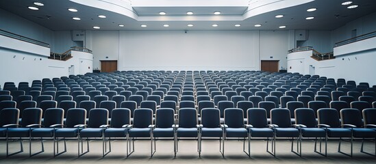 Empty chairs lined up inside a spacious conference hall for a corporate convention or lecture copy space image