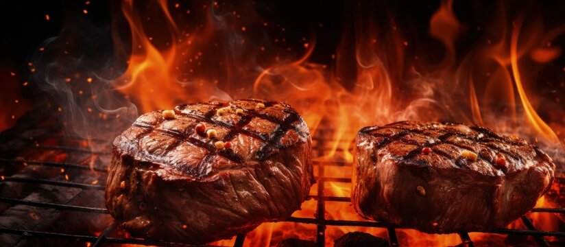 Grilled beef steaks with fiery flames delicious copy space image