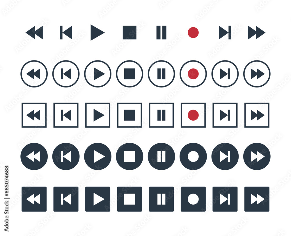 Poster media player buttons icon set, video and audio interface symbols