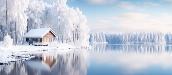 Finnish lake house nestled in snowy forest during winter copy space image - obrazy, fototapety, plakaty