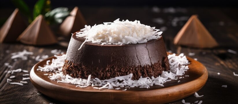 Dark chocolate milk pudding cake with cocoa powder and coconut flakes topping on wooden board selectively focused horizontally copy space image