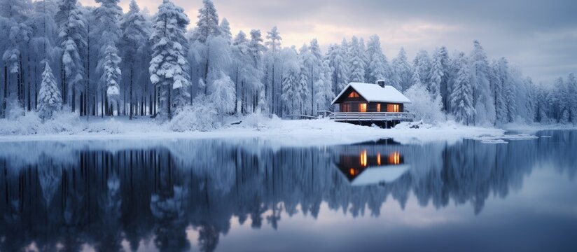 Finnish lake house nestled in snowy forest during winter copy space image