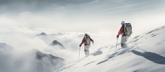 Fototapeta na wymiar Elderly individuals ski uphill with sealskins copy space image