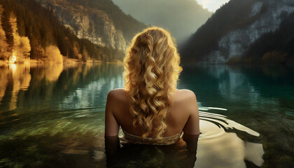 Close-up of a young woman with beautiful long curly blonde hair, back view, relaxes by bathing in a mountain lake at sunrise or sunset. Concept of escape and relaxation in nature.
