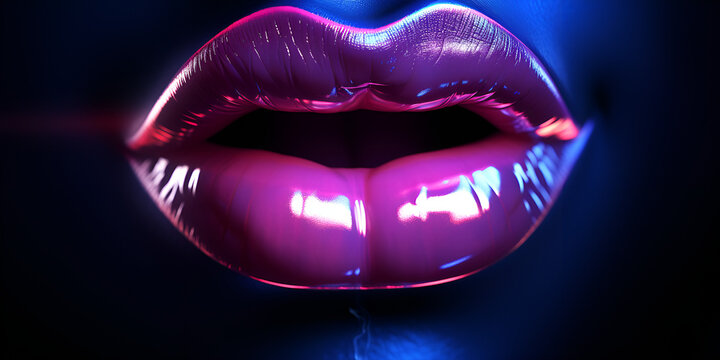 Woman lips neon fashion Closeup beautiful sexy plump neon lips Abstract dark glossy lips of women AI Generative 
 