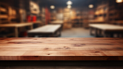Empty wooden table top with blurred cafe kitchen background