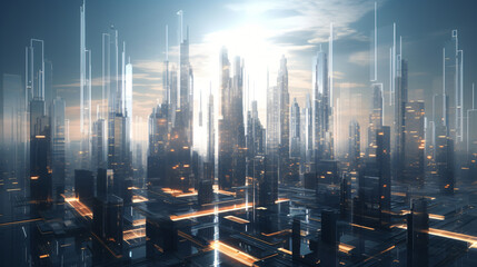 Abstract 3d render of techno panorama landscape city