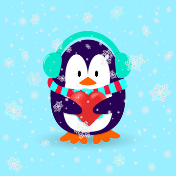 Penguin in wintertime with earmuffs, scarf and red heart in its hands. Snowflakes falling down. Cartoon vector design. 