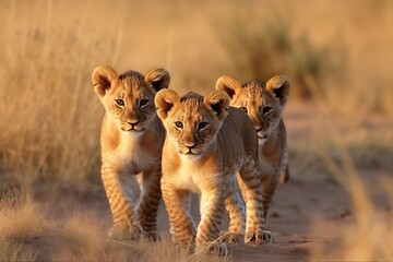 Little lions savannah. Africa animal wildlife predator mammal. Generate Ai