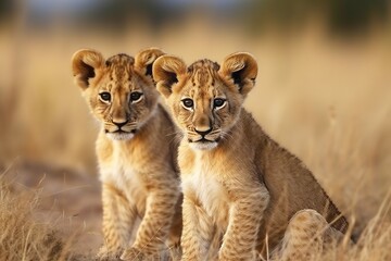 Little lions savannah creatures. Space zoology continent natural. Generate Ai