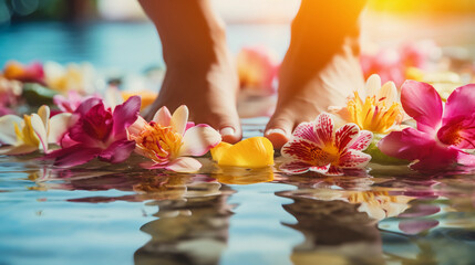 Closeup portrait of woman soaking her pedicure feet in water with tropical flowers in spa - Powered by Adobe
