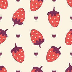 Seamless vector pattern with cute doodle strawberry. Cottagecore country background with berries and hearts. Vintage texture for wallpaper, wrapping paper, textile design