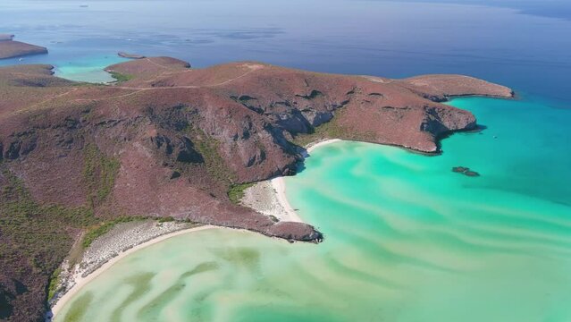 Mexico, La Paz: Aerial view of Bahia Puerto Balandra with clear turquoise waters of Gulf of California and tropical beaches - landscape panorama of Latin America from above
