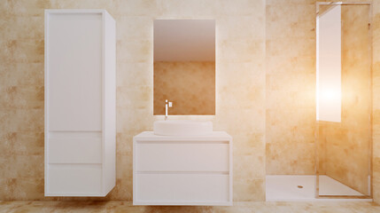 Spacious bathroom in gray tones with heated floors, freestanding tub. 3D rendering.. Sunset.