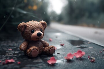 Teddy bear on the street with pink petals. Melancholy soft cute plush bear outdoor sitting. Generate ai - obrazy, fototapety, plakaty