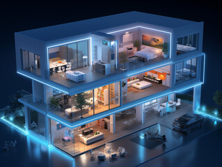 modern smart home scenario where residents control lighting, security, and temperature seamlessly through a centralized home automation system