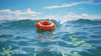 Obraz premium Life buoy ring floating on ocean in sunny day, safety and rescue equipments