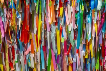 Vibrant wall composed of multiple colored streamers affixed to a surface