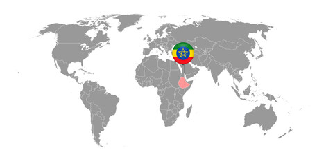Pin map with Ethiopia flag on world map. Vector illustration.