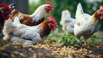 Fototapeta premium Chickens eating worms, feeding protein for chicken, concept of Eco-friendly or Eco organic chicken farm