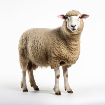 Beautiful full body view sheep on white background, isolated, professional animal photo