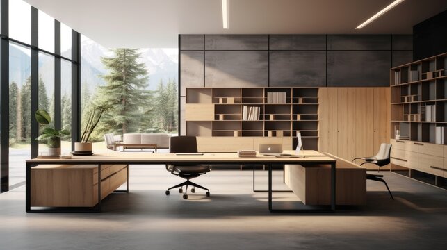 A minimalist office with modular furniture photo realistic illustration - Generative AI.