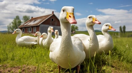 Domestic geese grazing with breathtaking landscape in background