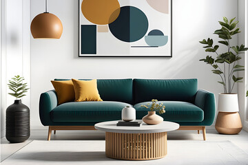 Interior of modern living room with white walls, concrete floor, green sofa and round coffee table with plant.