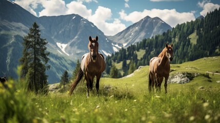 Beautiful horses grazing with breathtaking landscape in background