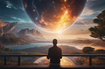 Man sitting on the balcony deck looking at the sea and mountains with looking at the planet. - obrazy, fototapety, plakaty