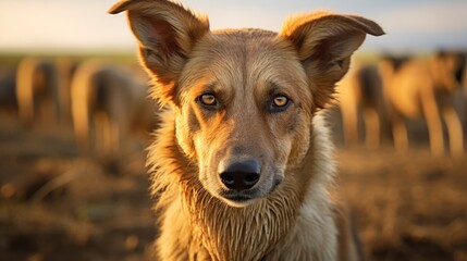 Farm dog shepherd with beautiful countryside in the background