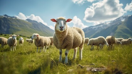 Obraz premium Sheeps grazing in an open pasture mountain meadows in the background