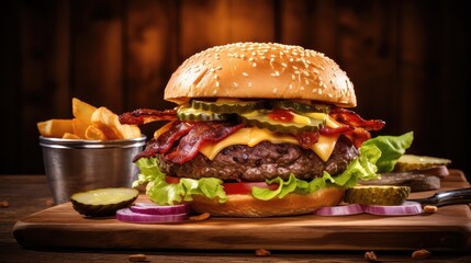savory bacon burger food photo illustration juicy meat, cheese lettuce, tomato onion savory bacon burger food photo - obrazy, fototapety, plakaty
