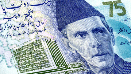 Muhammad Ali Jinnah (1876 - 1948). Portrait from Pakistan 75 Rupees banknotes