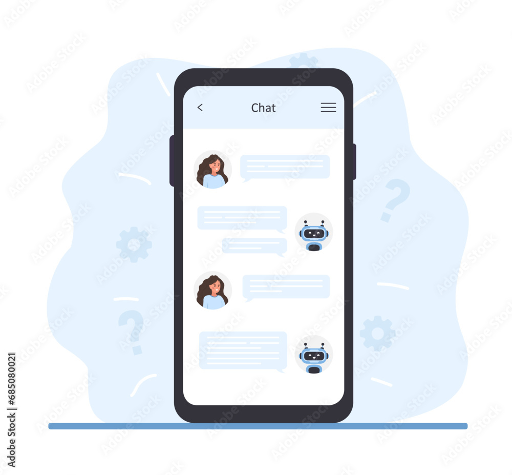 Aufkleber chatbot concept. woman chatting with robot on smartphone screen. ai business assistant. online custo