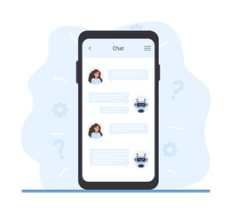 Chatbot concept. Woman chatting with robot on smartphone screen. AI business assistant. Online customer support and FAQ. Artificial intelligence technology. Vector illustration in flat cartoon style. - obrazy, fototapety, plakaty