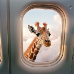Giraffe looking through the window of an airplane. 3d rendering.