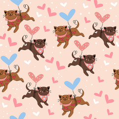Funny cats are flying in a hot air balloon seamless pattern. Valentine's Day card. Vector illustration