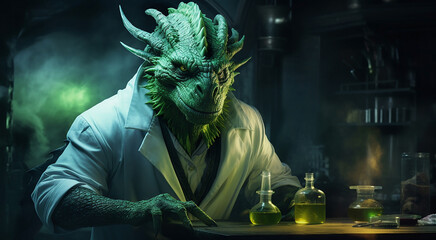Scary green fairy-tale oriental dragon scientist works in a scientific laboratory - obrazy, fototapety, plakaty