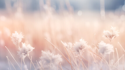 Beautiful gentle winter landscape, frozen grass on snowy natural background